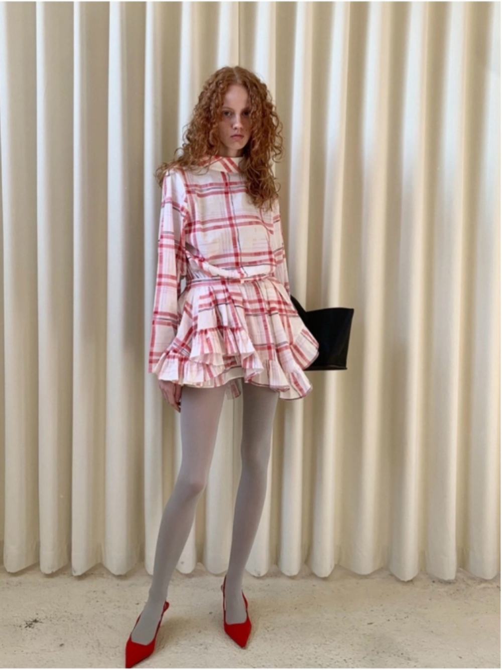 Red & White Plaid Tiered Waist Shirt Dress